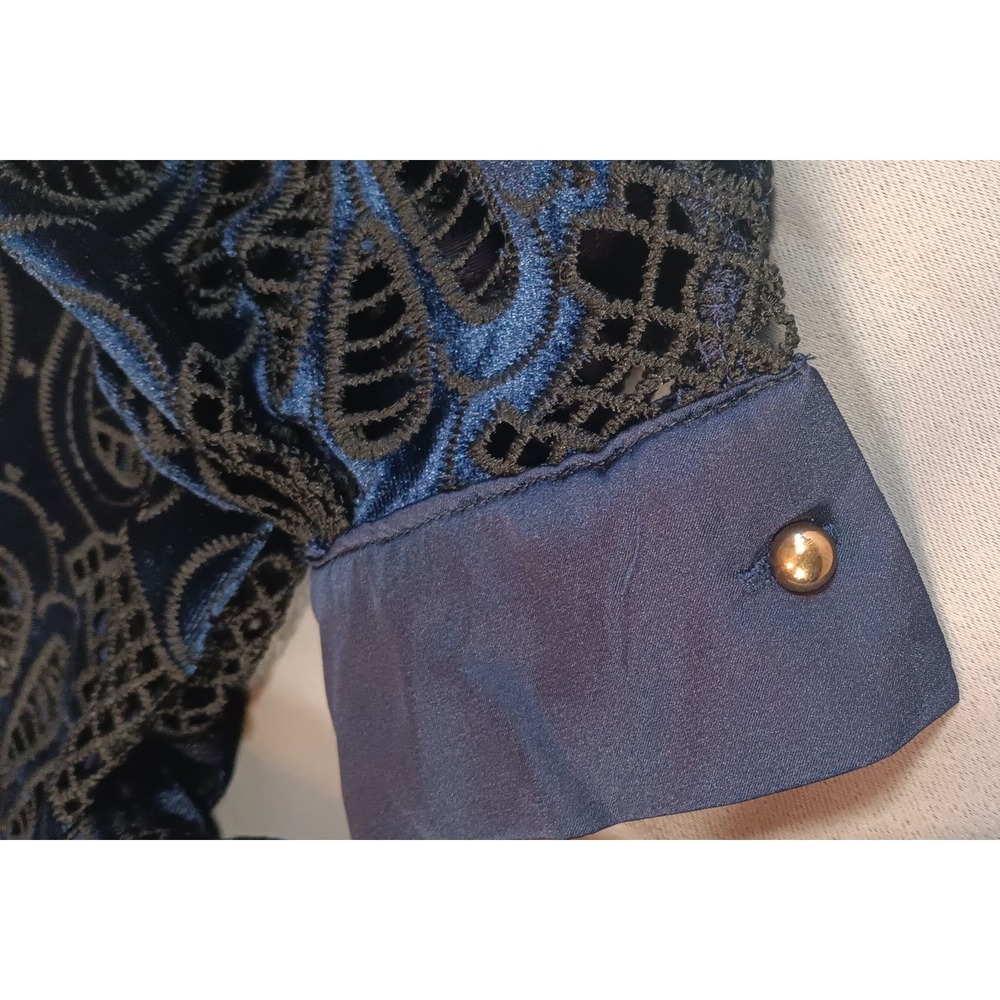 NWT Womens Maxi Dress 12 BLUE BLACK Mesh Floral Long Sleeve dark elegant formal - Picture 7 of 14